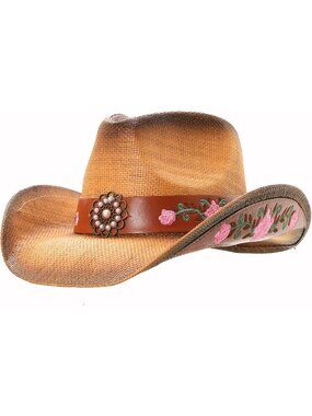 Men's Brown Leather Pull-On Style Classic Straw Western Cowgirl Cowboy Hat